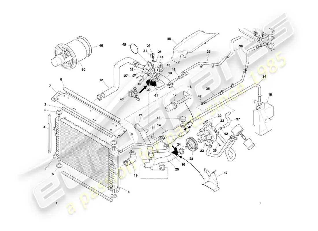 aston martin db7 vantage (2003) diagrama de piezas del sistema de refrigeración por agua
