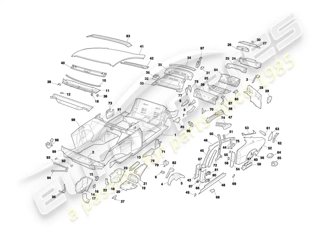 aston martin db7 vantage (2003) paneles de carrocería, diagrama de piezas del cupé
