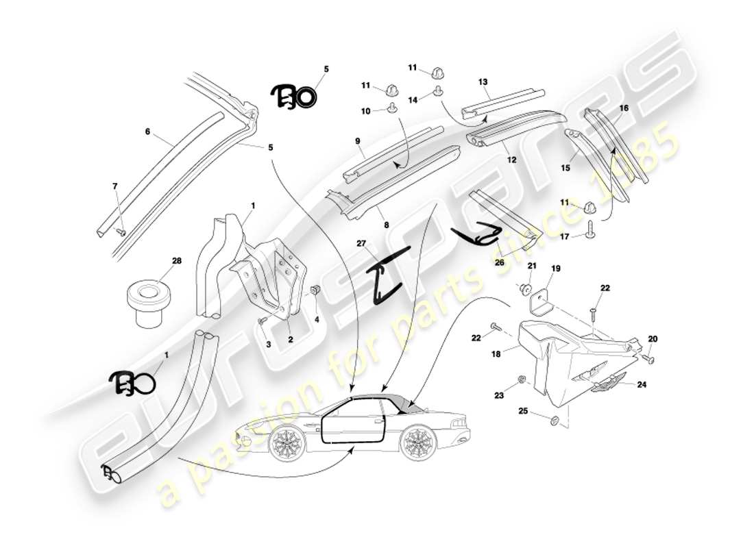 aston martin db7 vantage (2004) diagrama de piezas de sellos de techo y puertas volante