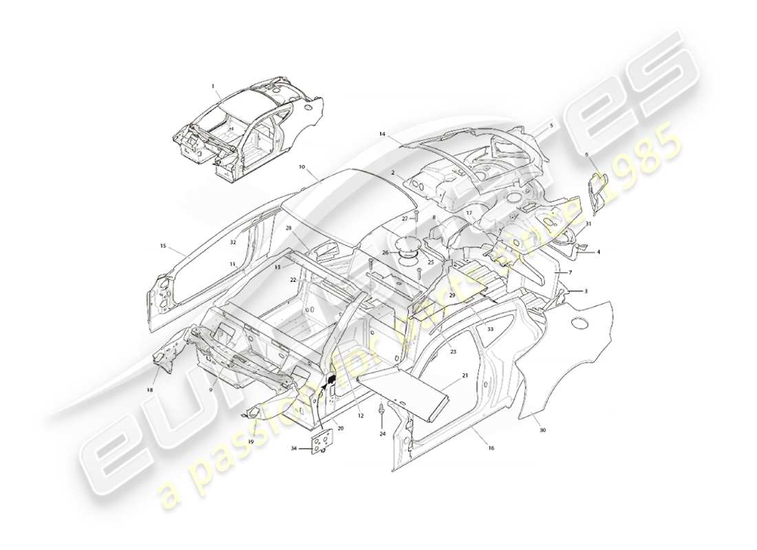 aston martin vanquish (2005) estructura del cuerpo diagrama de piezas