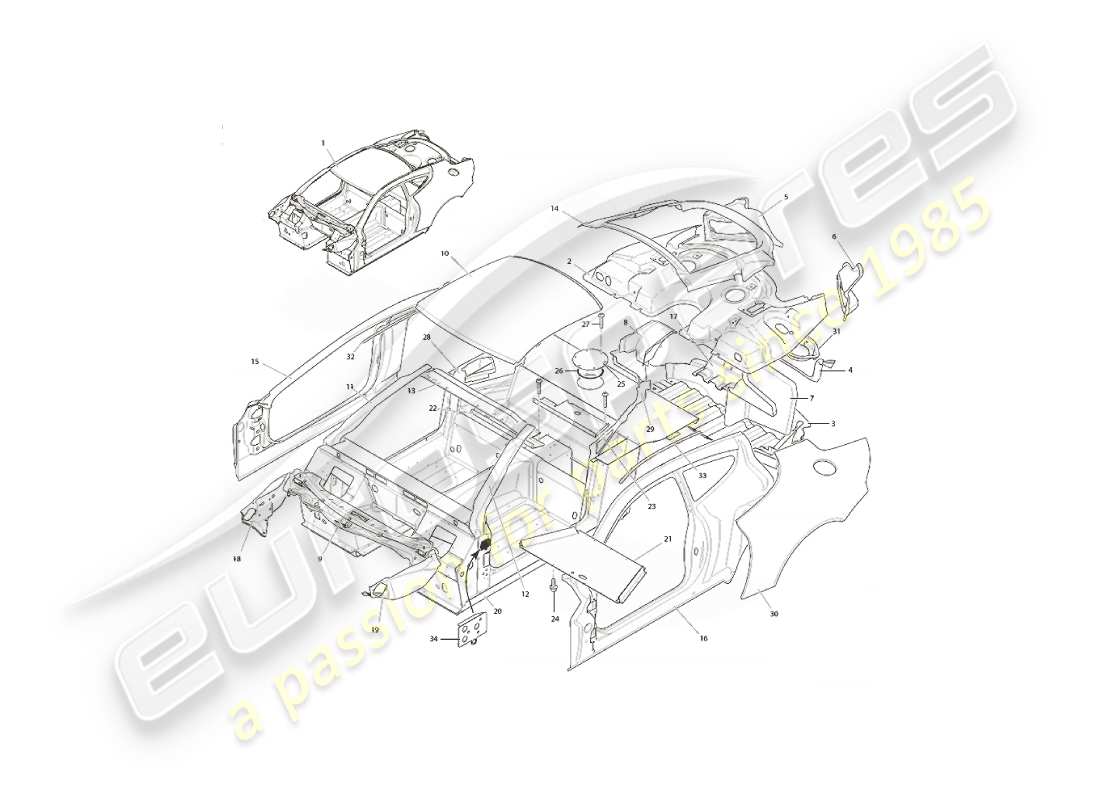 aston martin vanquish (2006) estructura del cuerpo diagrama de piezas