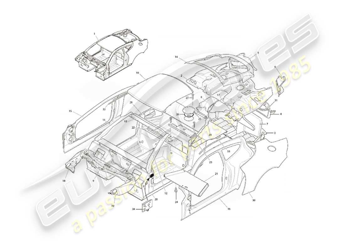 aston martin vanquish (2002) estructura del cuerpo diagrama de piezas