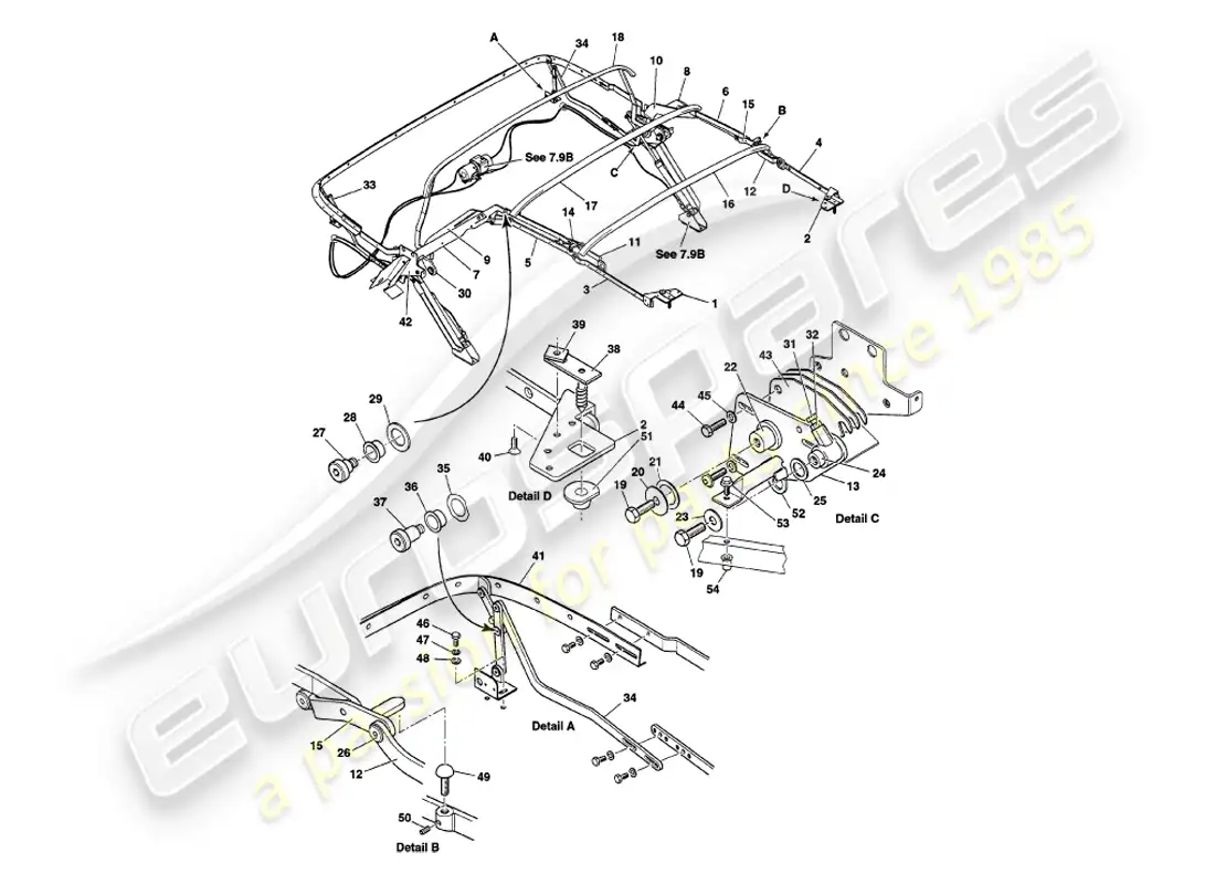 aston martin v8 volante (2000) conjunto del marco del capó diagrama de piezas