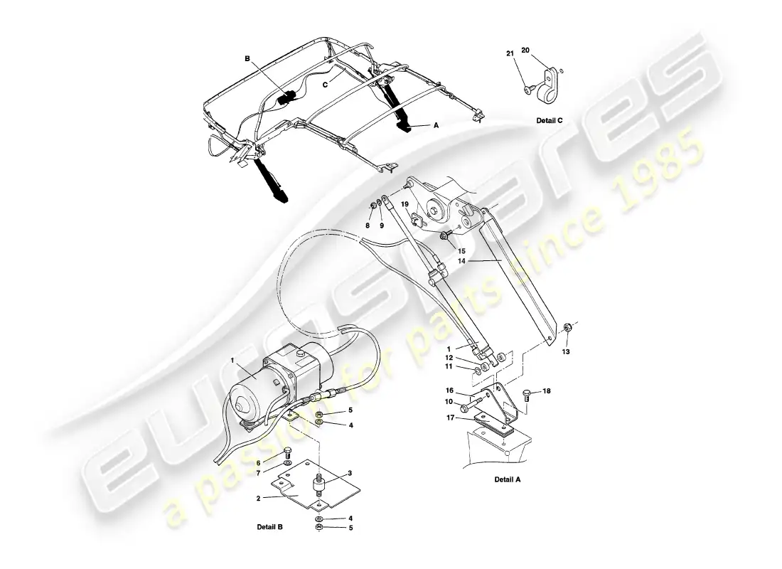 aston martin v8 volante (2000) hidráulica del capó diagrama de piezas