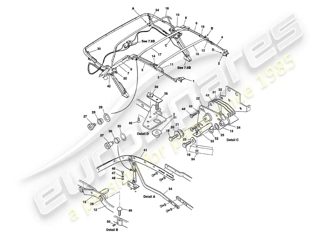 aston martin v8 volante (1999) conjunto del marco del capó diagrama de piezas