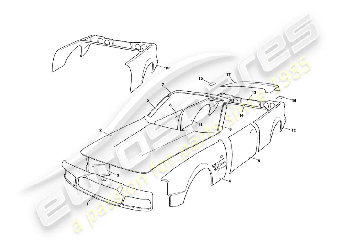 aston martin v8 volante (1999) paneles de carrocería diagrama de piezas