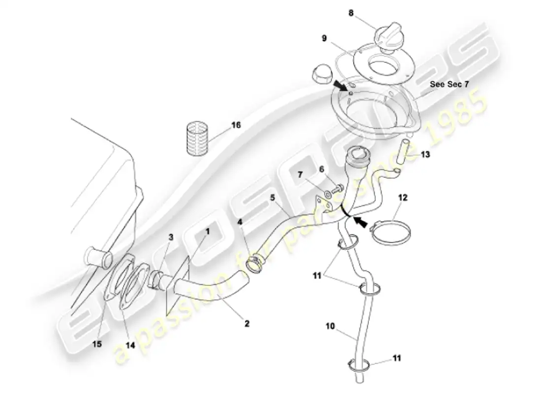 aston martin vanquish (2001) diagrama de piezas del tubo de llenado de combustible