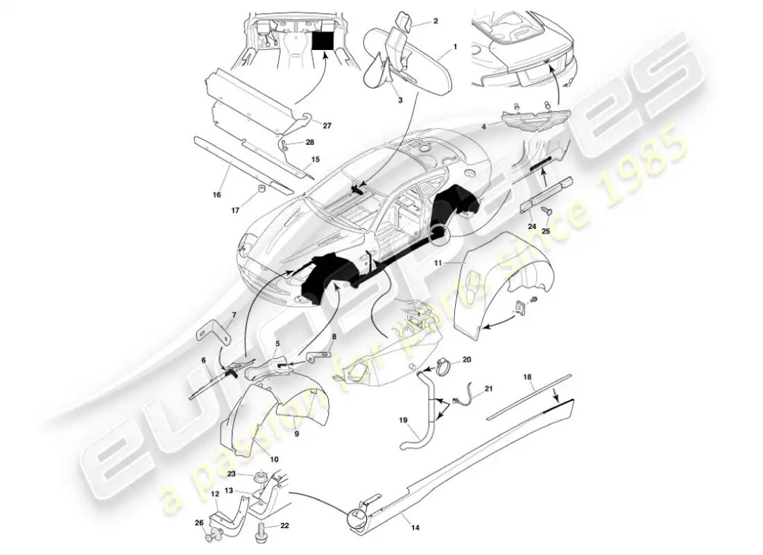 aston martin vanquish (2001) accesorios para el cuerpo diagrama de piezas