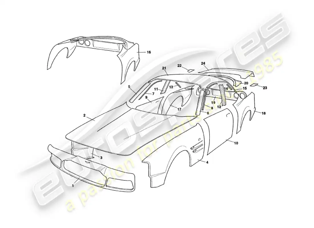 aston martin v8 coupe (1999) paneles de carrocería diagrama de piezas
