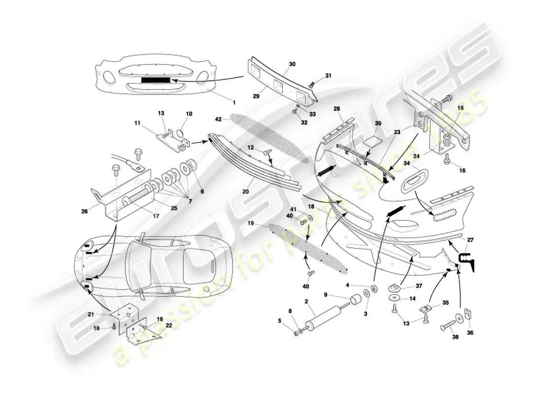 aston martin db7 vantage (2003) diagrama de piezas del parachoques delantero y faldón