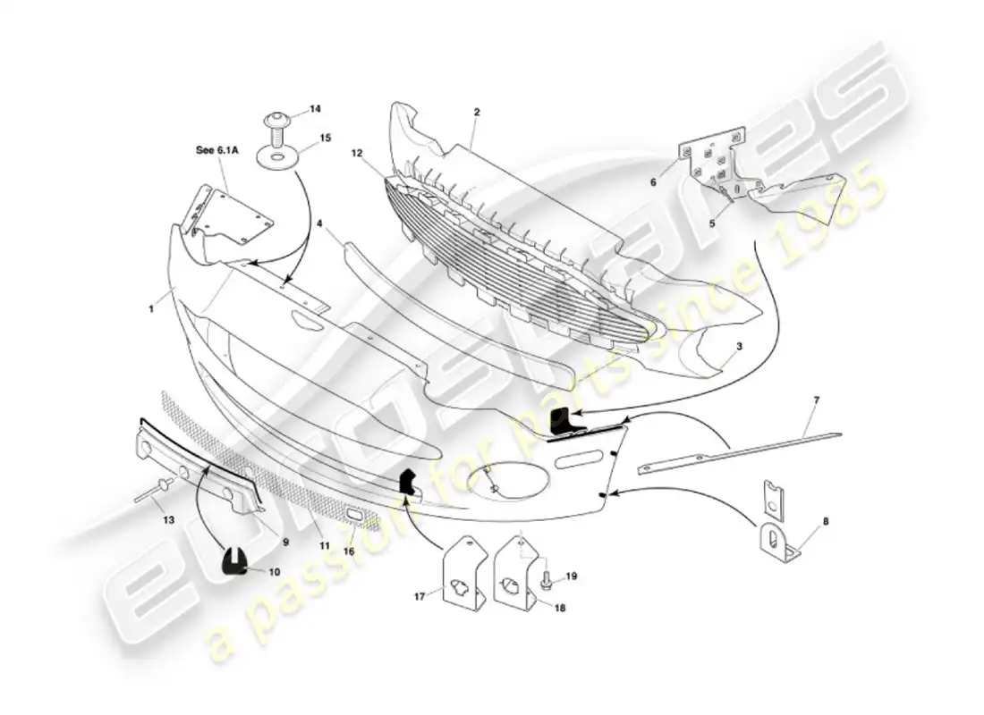 aston martin vanquish (2007) diagrama de piezas del parachoques delantero y faldón