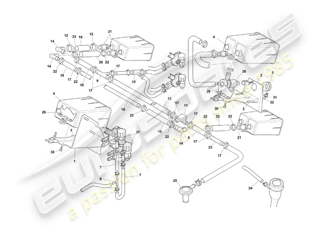 aston martin db7 vantage (2003) sistema de emisión evaporativa, diagrama de piezas del derecho de vía