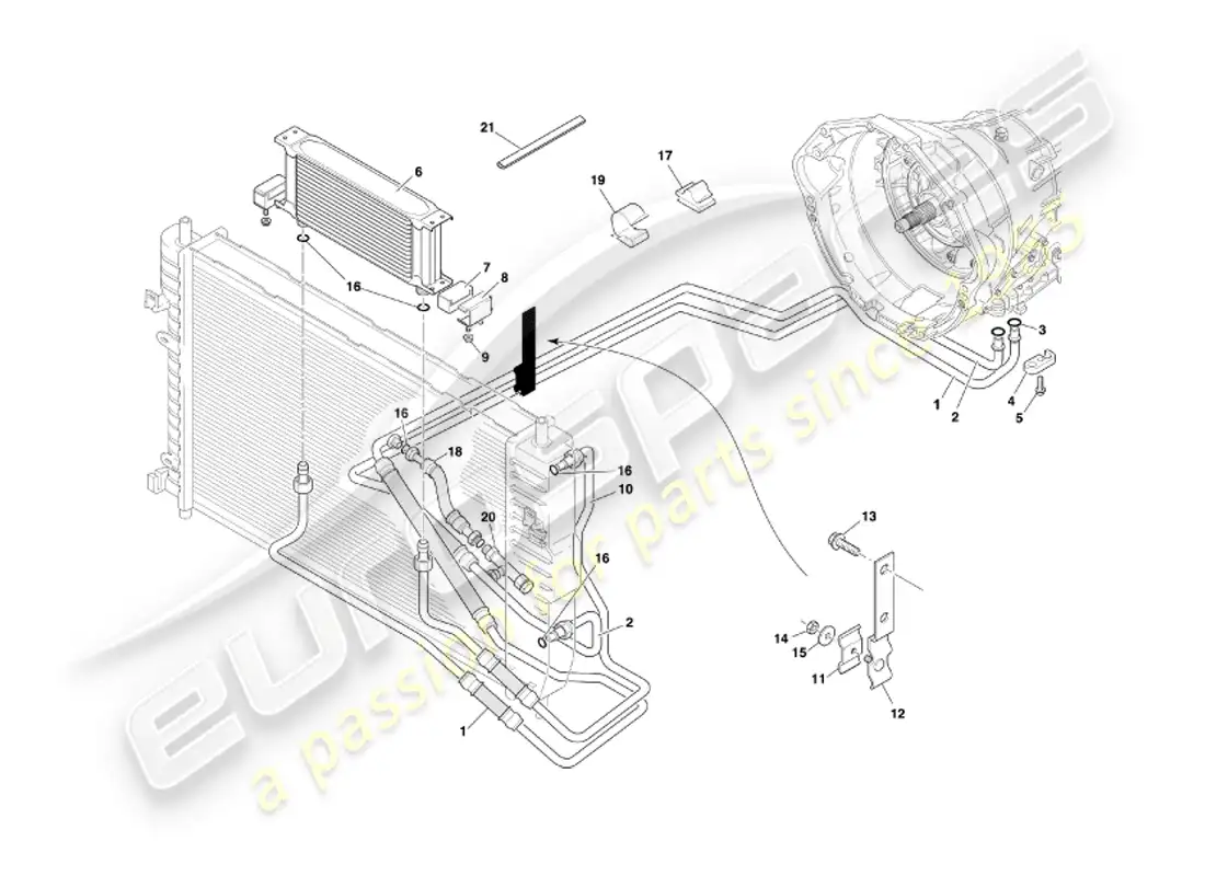 aston martin db7 vantage (2003) transmisión automática, diagrama de piezas de refrigeración de la caja de cambios