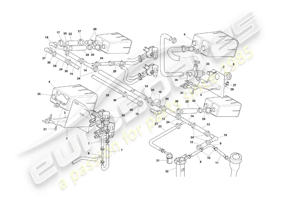 aston martin db7 vantage (2003) sistema de emisión evaporativa, diagrama de piezas federal