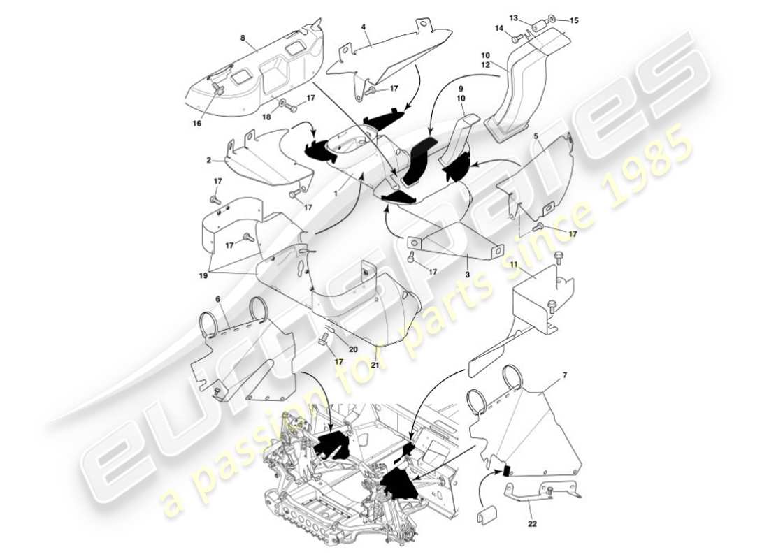 aston martin vanquish (2007) deflectores y escudos térmicos diagrama de piezas