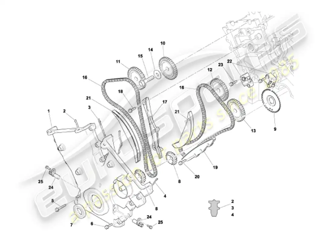 aston martin vanquish (2002) cubierta frontal, cadenas y piñones diagrama de piezas