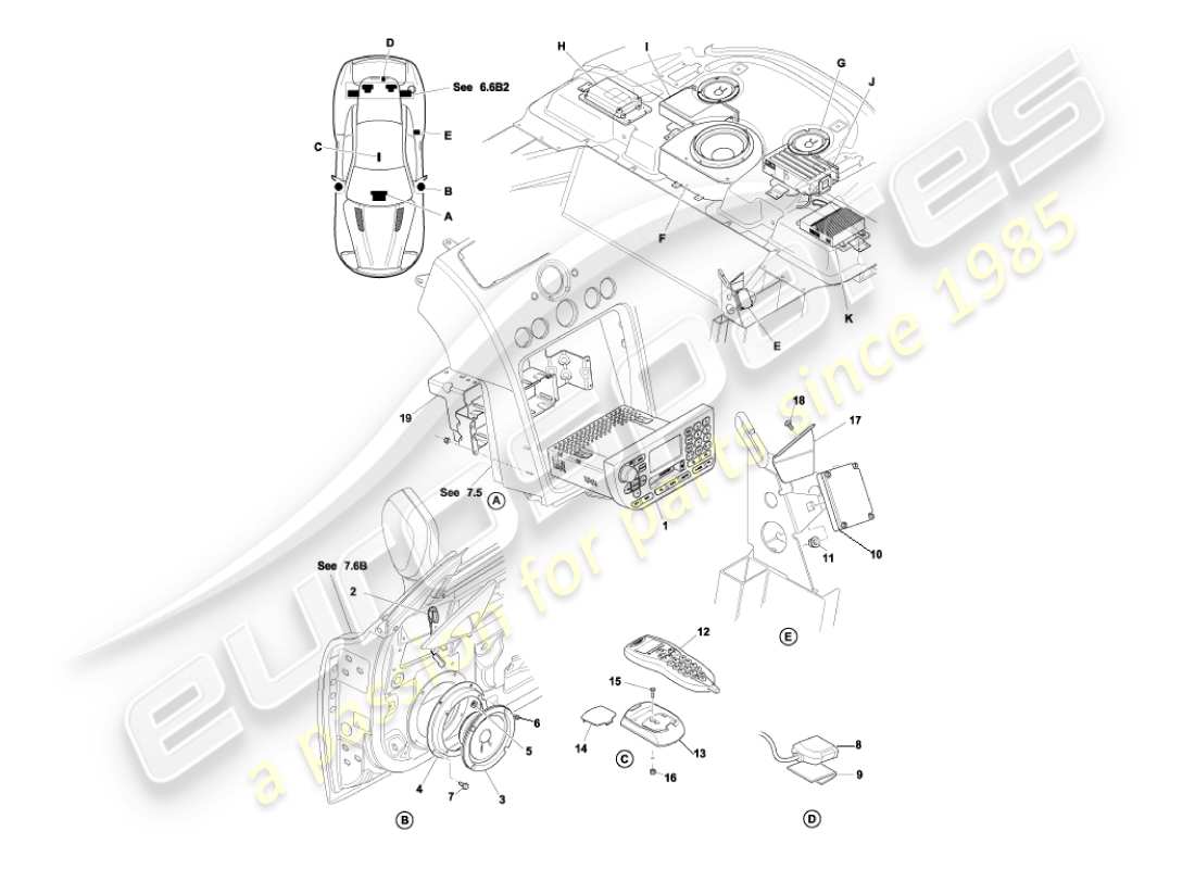 aston martin vanquish (2003) diagrama de piezas de entretenimiento en el automóvil