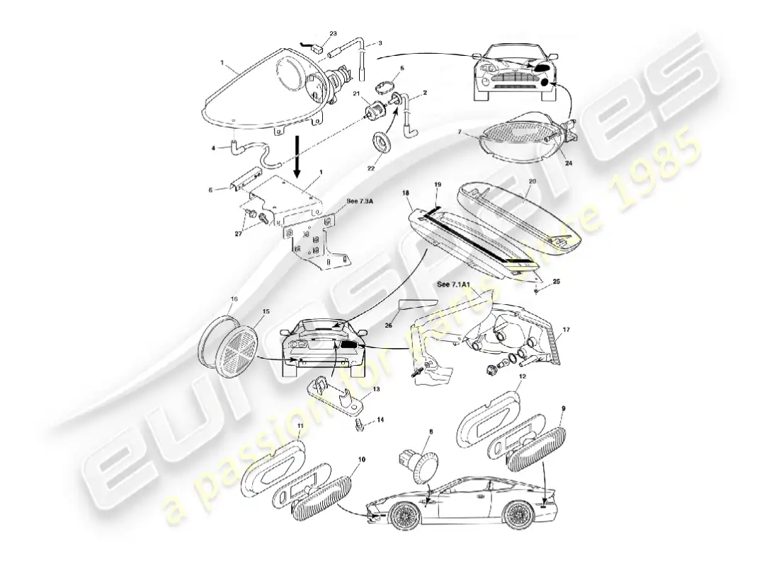 aston martin vanquish (2005) lámparas exteriores diagrama de piezas