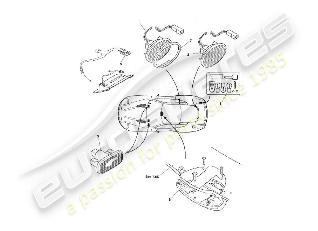 aston martin vanquish (2005) lámparas y bombillas interiores diagrama de piezas