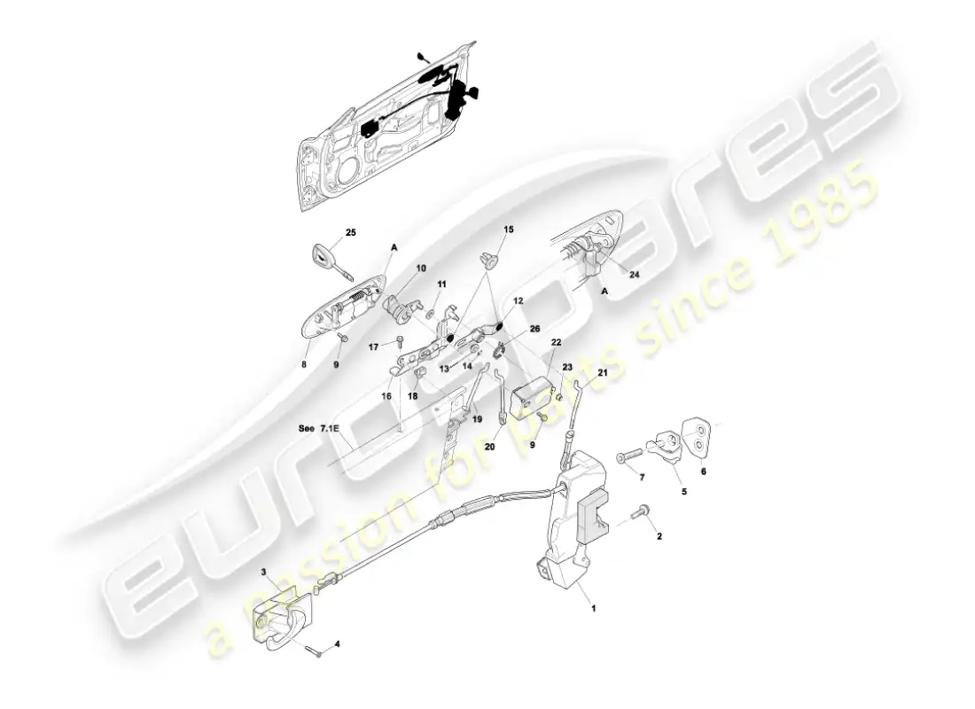 aston martin vanquish (2006) mecanismo de pestillo de puerta diagrama de piezas