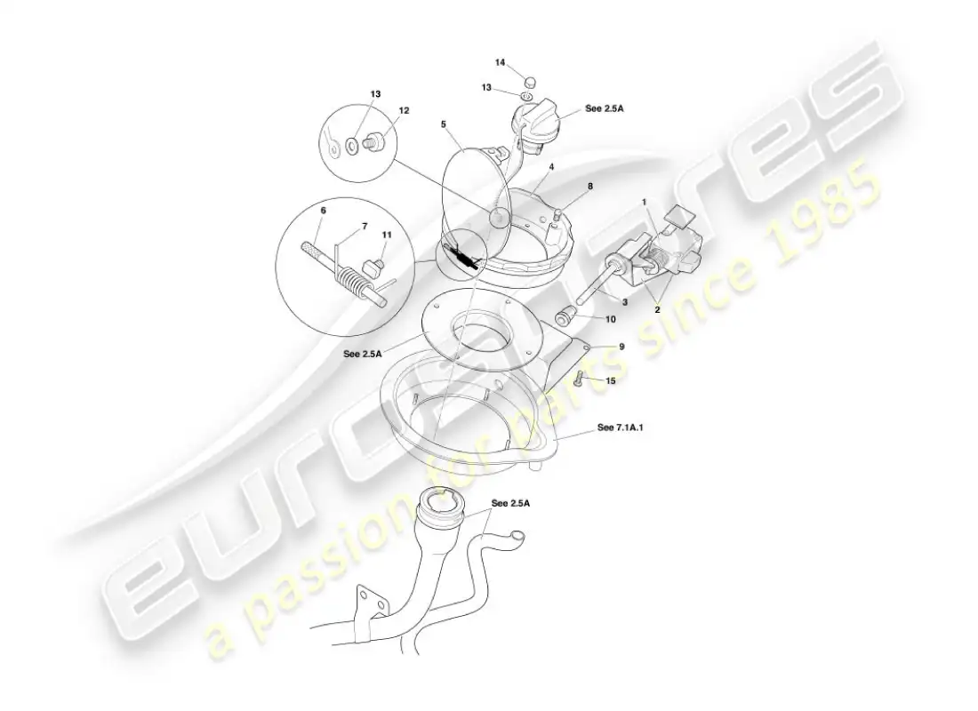 aston martin vanquish (2006) mecanismo de trampilla de combustible diagrama de piezas
