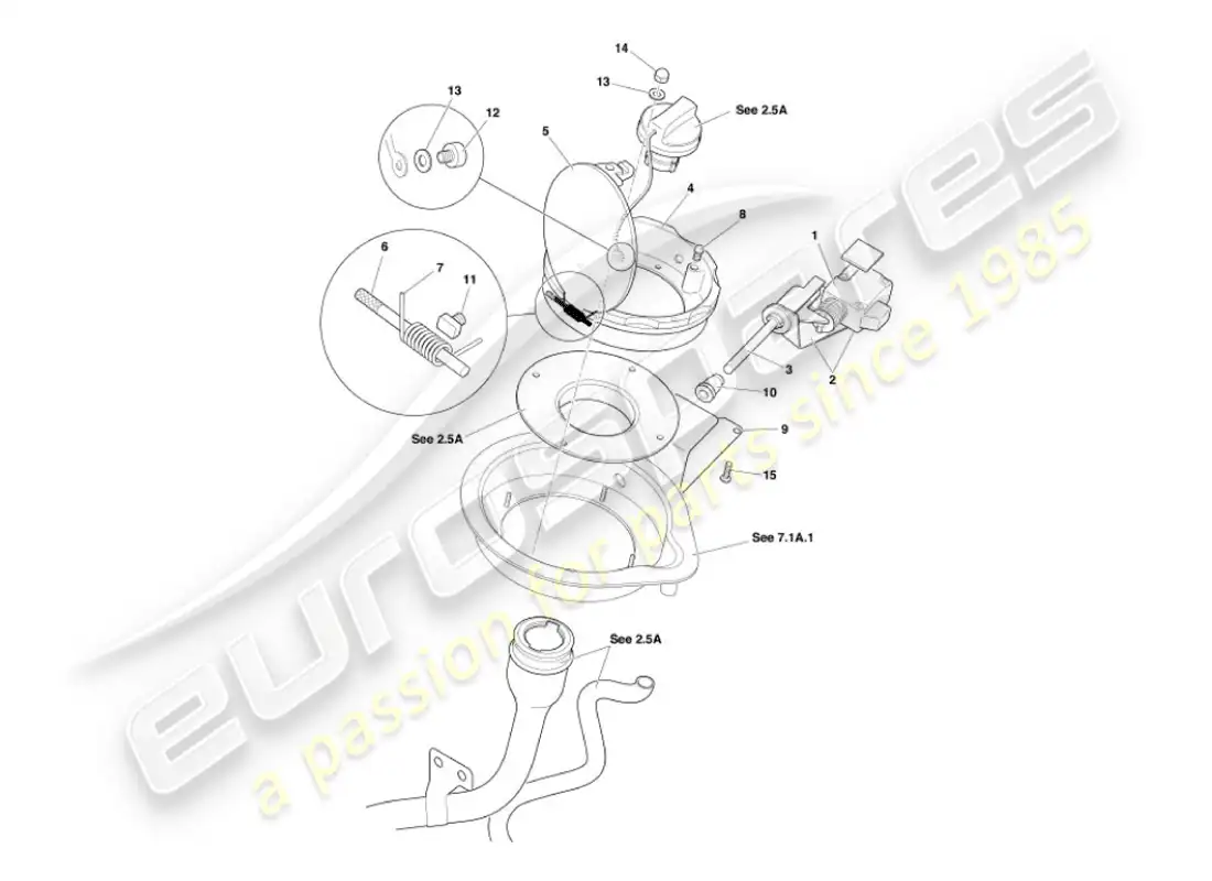aston martin vanquish (2003) mecanismo de trampilla de combustible diagrama de piezas