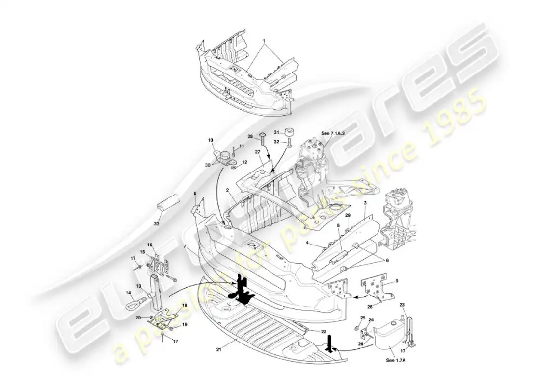 aston martin vanquish (2004) estructura de impacto frontal diagrama de piezas