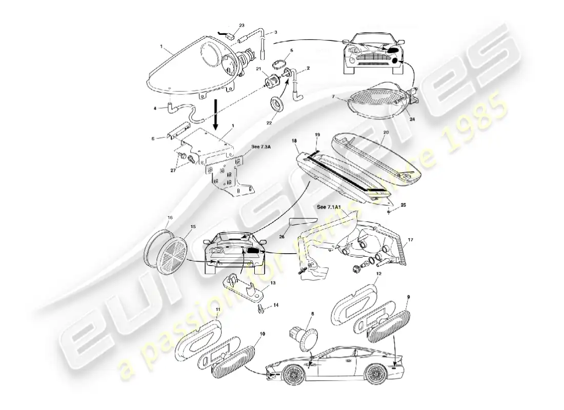 aston martin vanquish (2002) lámparas exteriores diagrama de piezas