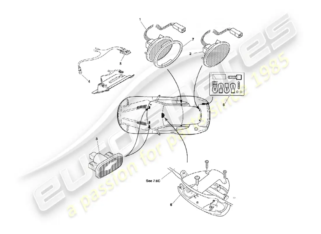 aston martin vanquish (2002) lámparas y bombillas interiores diagrama de piezas