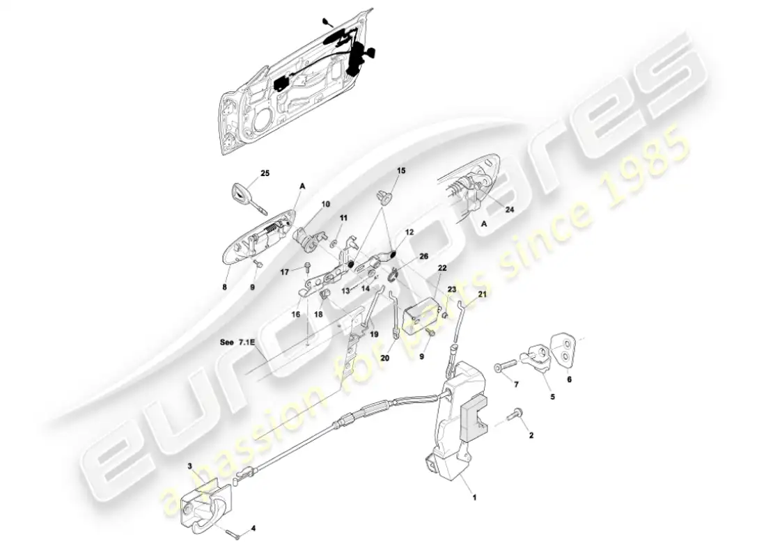 aston martin vanquish (2002) mecanismo de pestillo de puerta diagrama de piezas