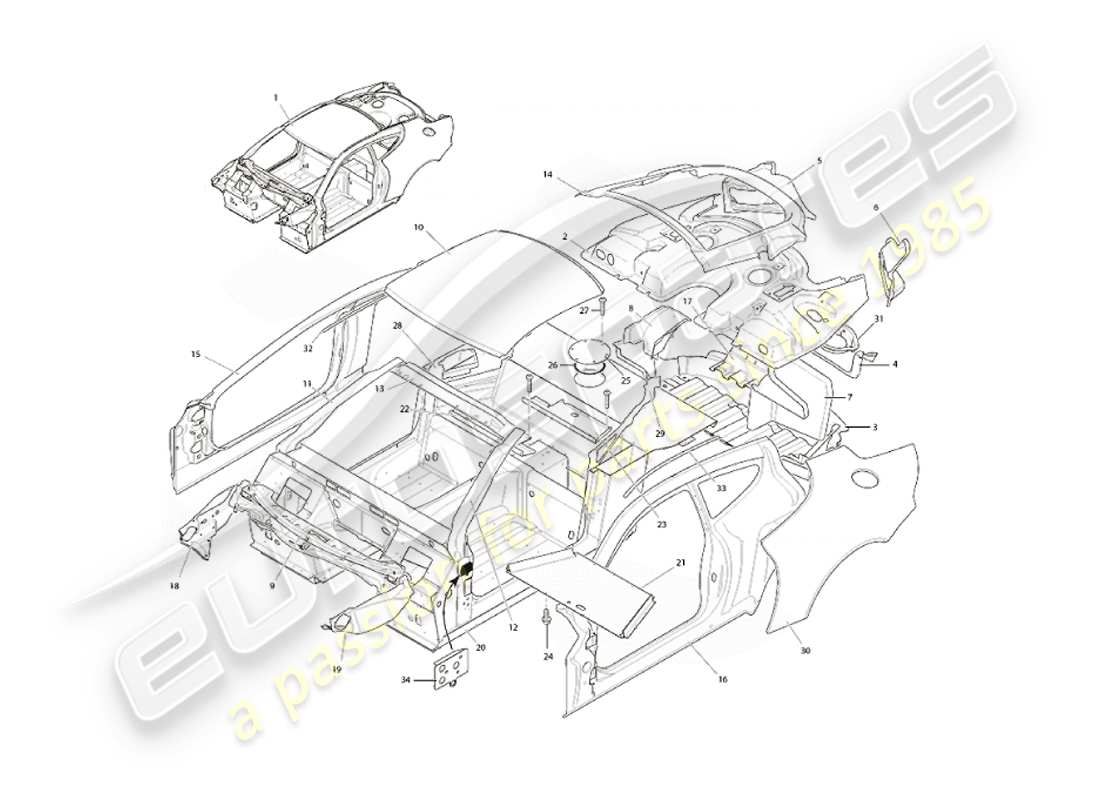aston martin vanquish (2007) estructura del cuerpo diagrama de piezas