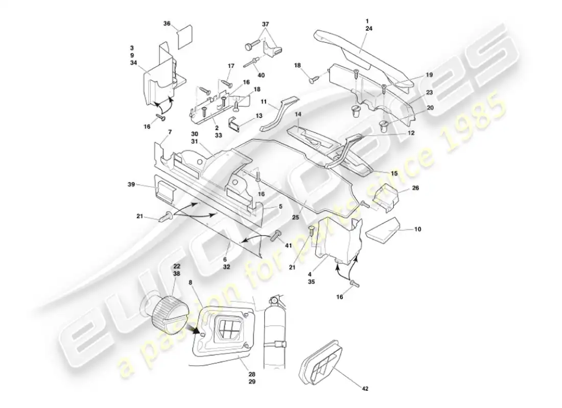 aston martin vanquish (2007) carcasa del maletero y esteras diagrama de piezas