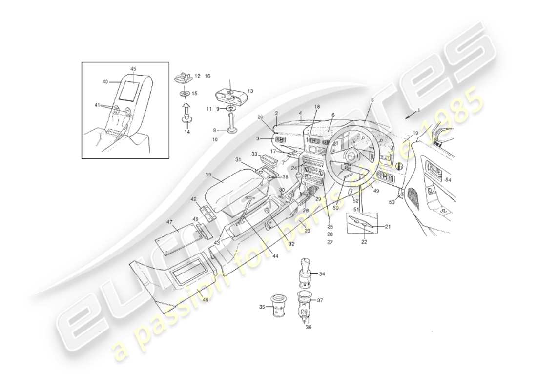 aston martin v8 virage (2000) acondicionamiento interior, diagrama de piezas del salón
