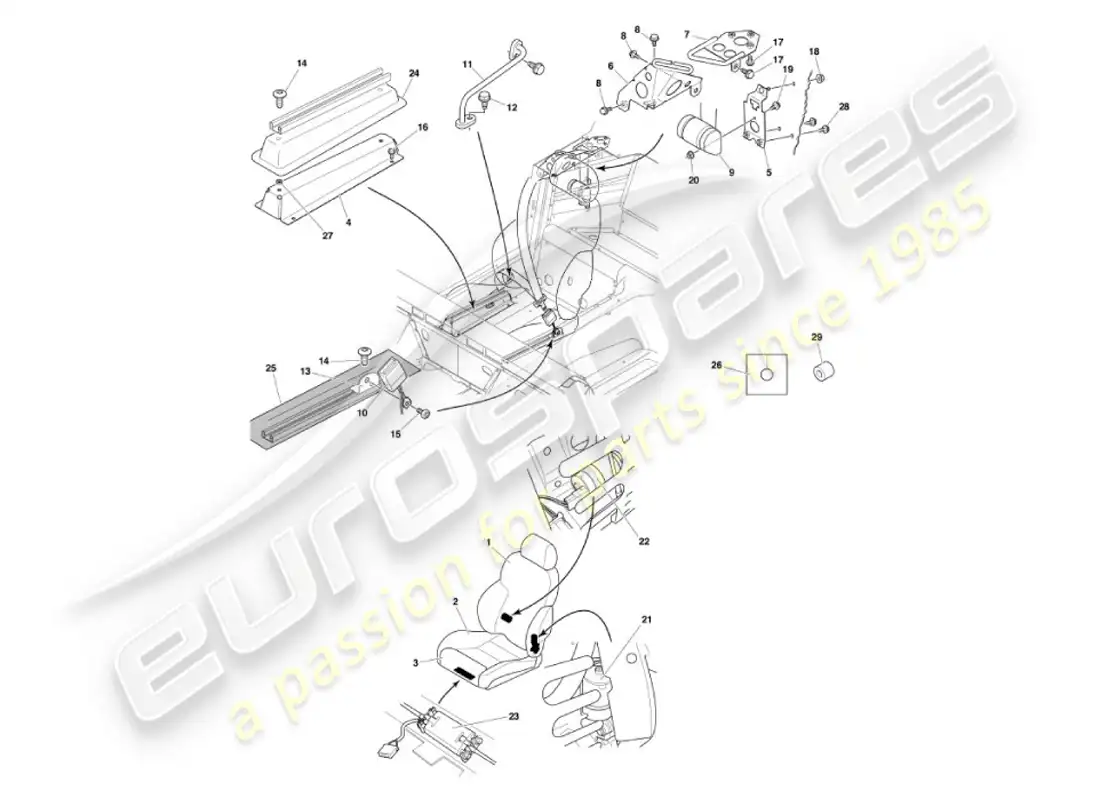 aston martin vanquish (2007) diagrama de piezas de asientos delanteros y cinturones