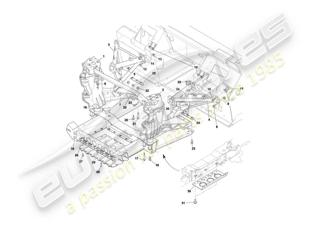 aston martin vanquish (2006) estructura de soporte del cuerpo delantero diagrama de piezas