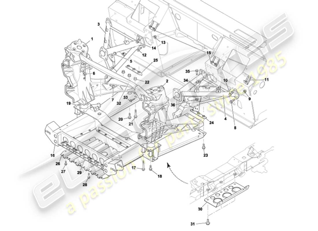 aston martin vanquish (2002) diagrama de piezas de la estructura de soporte del cuerpo delantero