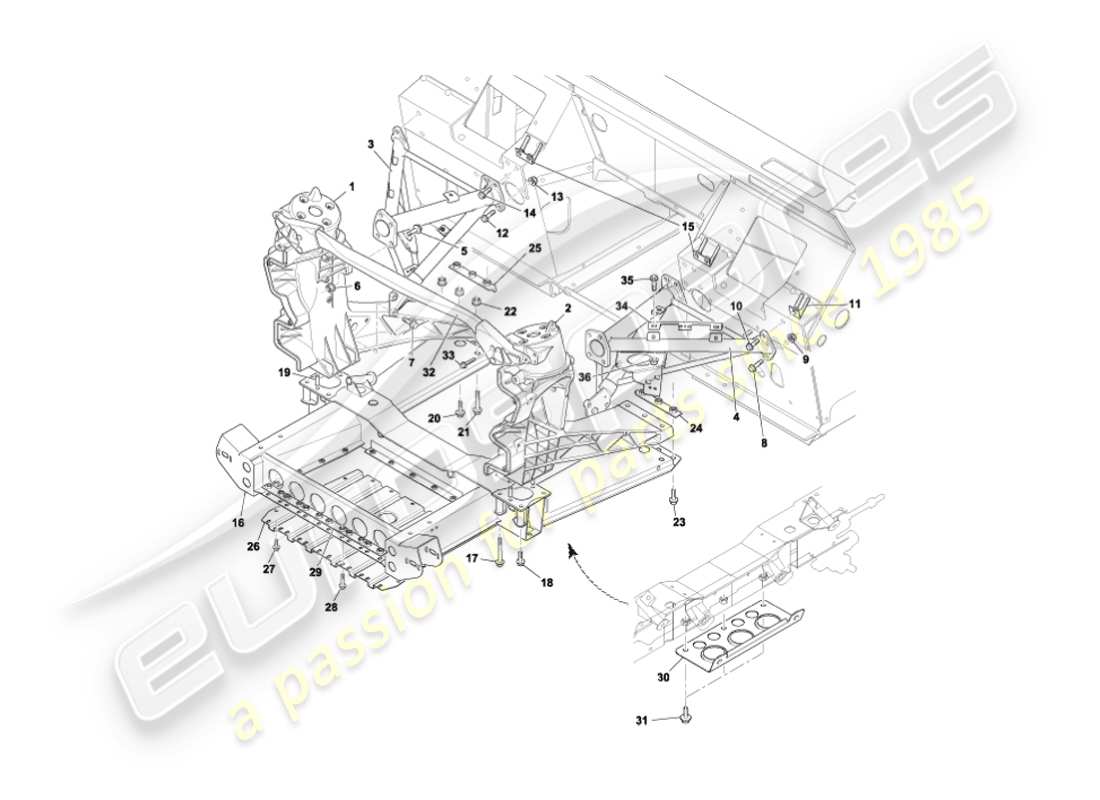 aston martin vanquish (2005) estructura de soporte del cuerpo delantero diagrama de piezas