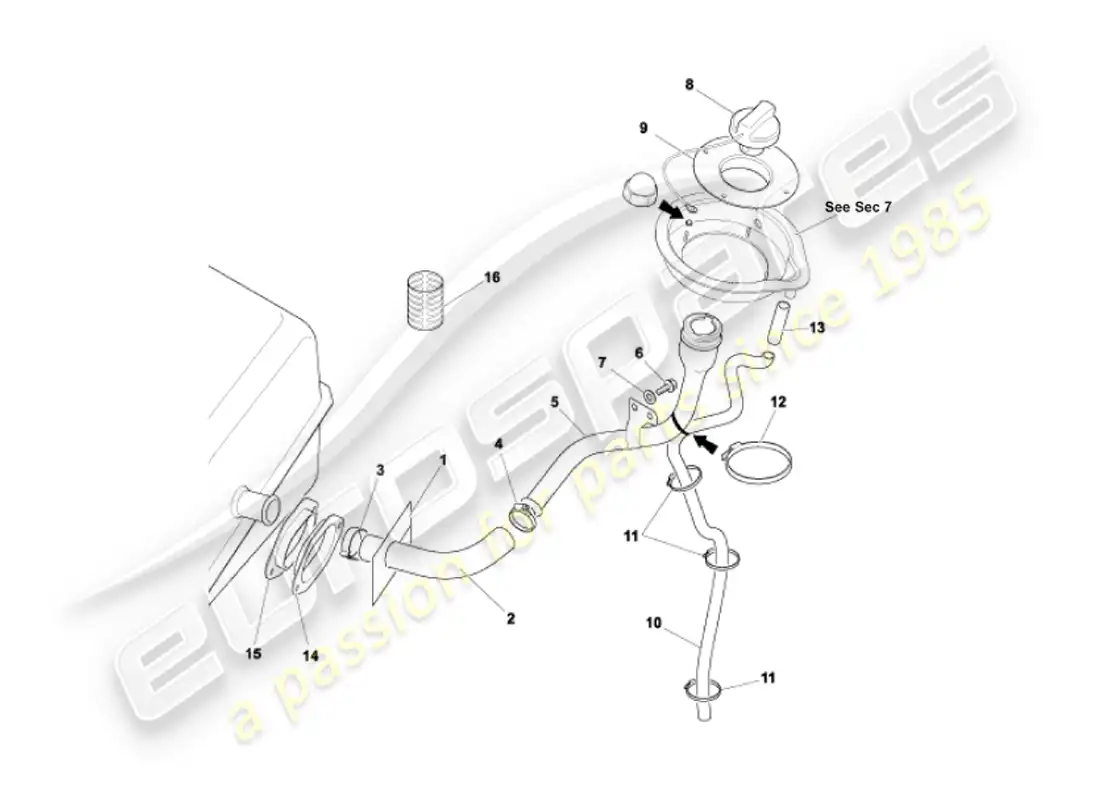 aston martin vanquish (2007) diagrama de piezas del tubo de llenado de combustible