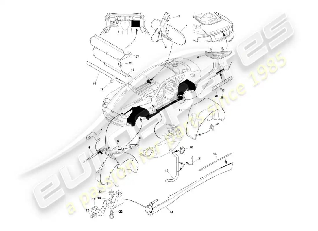 aston martin vanquish (2007) diagrama de piezas de accesorios para la carrocería