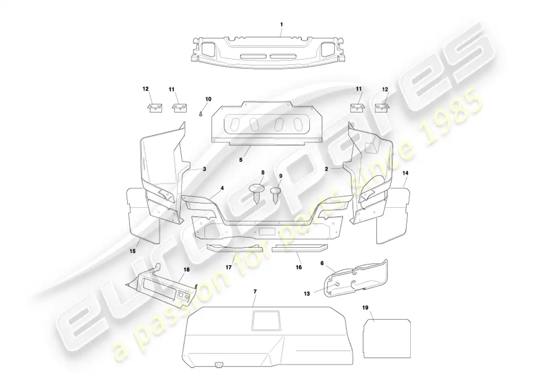 aston martin db7 vantage (2003) diagrama de piezas de la carcasa del maletero y las alfombrillas del cupé