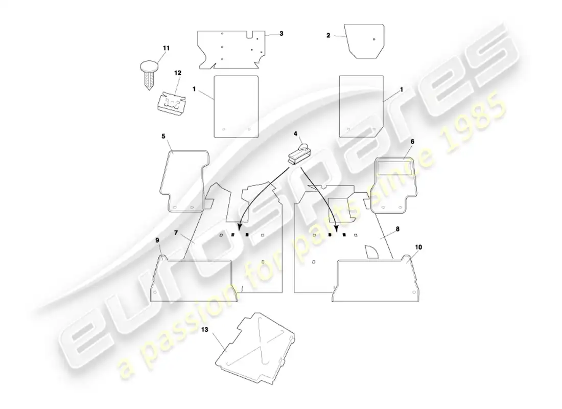 aston martin db7 vantage (2003) diagrama de piezas de alfombras cupé