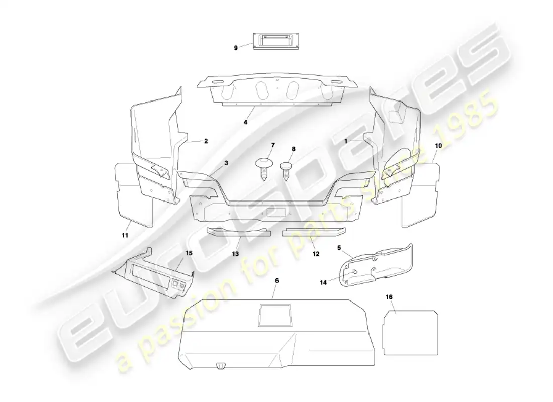 aston martin db7 vantage (2003) diagrama de piezas de la carcasa del maletero y las alfombrillas del volante