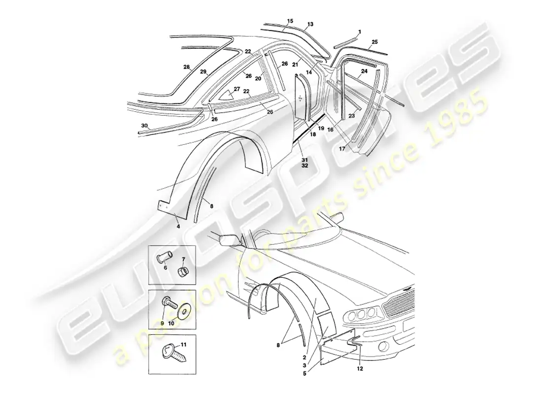 aston martin v8 coupe (1999) sellos meteorológicos diagrama de piezas