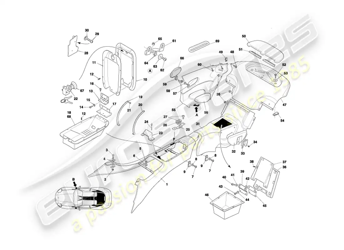 aston martin db7 vantage (2003) consola central y molduras, diagrama de piezas del cupé