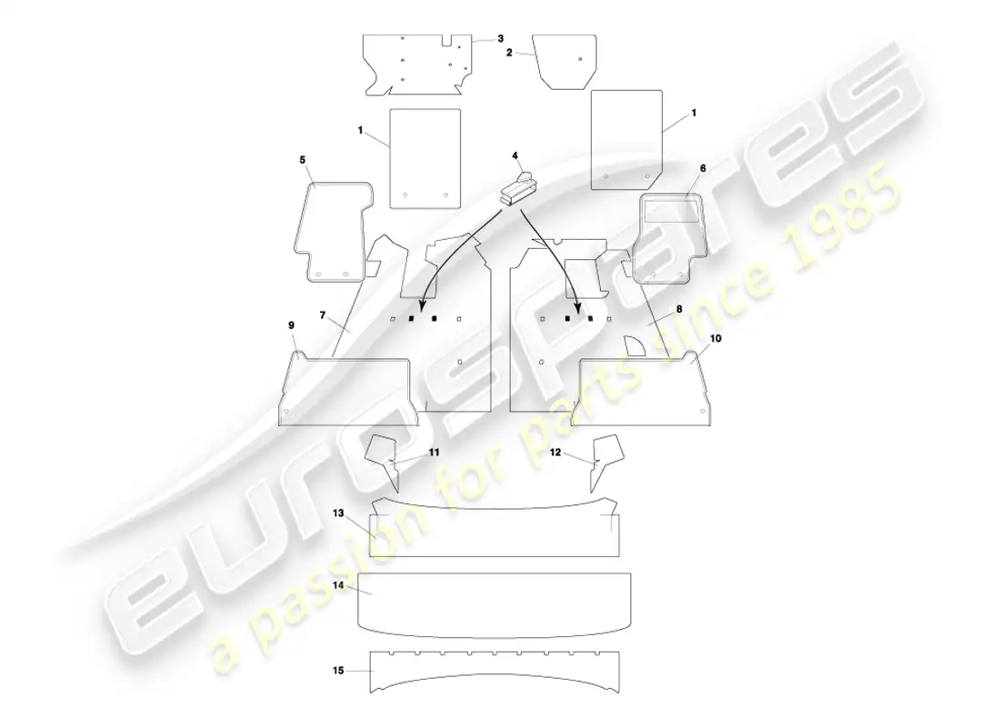 aston martin db7 vantage (2003) diagrama de piezas de alfombras volante