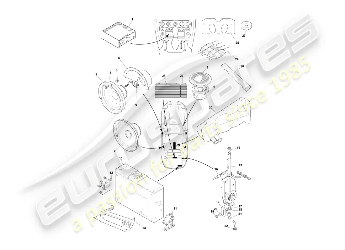 aston martin db7 vantage (2003) diagrama de piezas de entretenimiento en el automóvil
