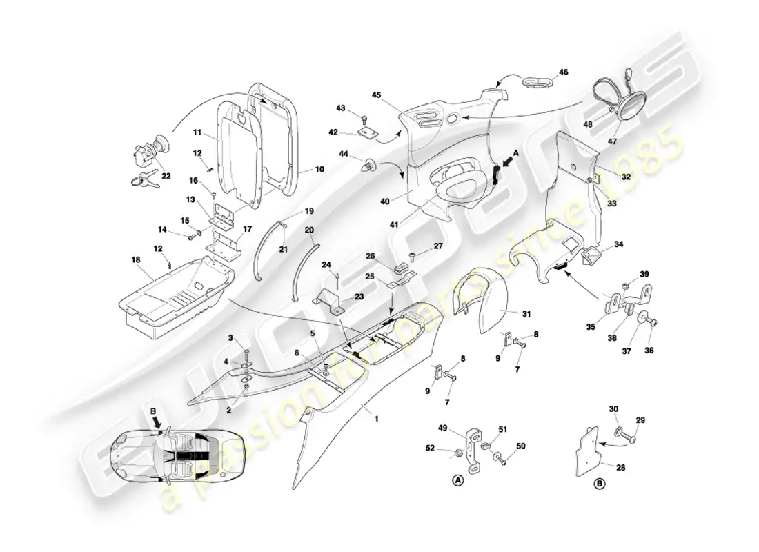 aston martin db7 vantage (2003) consola central y molduras, diagrama de piezas de volante