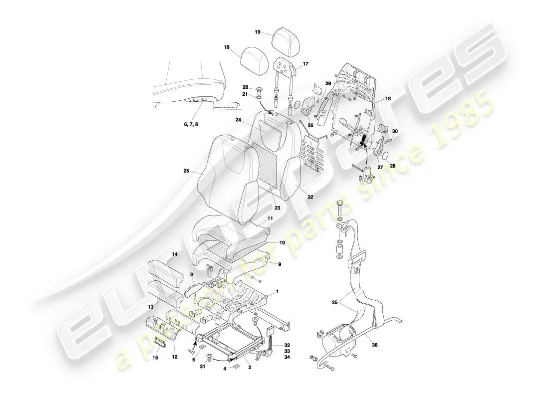 aston martin db7 vantage (2003) diagrama de piezas de asientos delanteros y cinturones