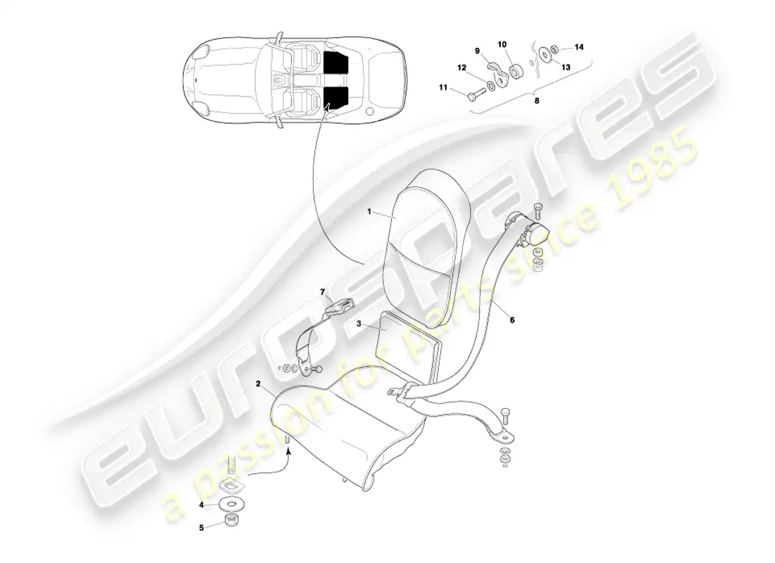 aston martin db7 vantage (2003) diagrama de piezas de asientos y cinturones traseros