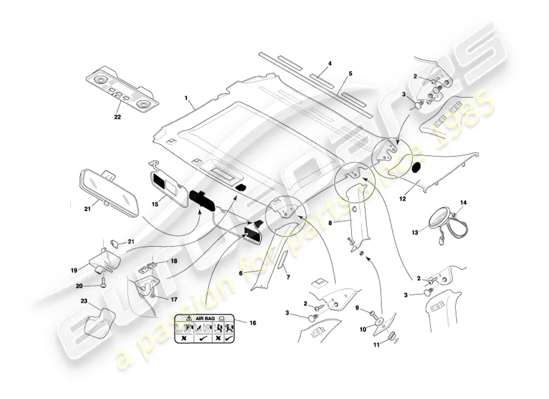 aston martin db7 vantage (2003) diagrama de piezas del revestimiento superior y del revestimiento del techo del cupé